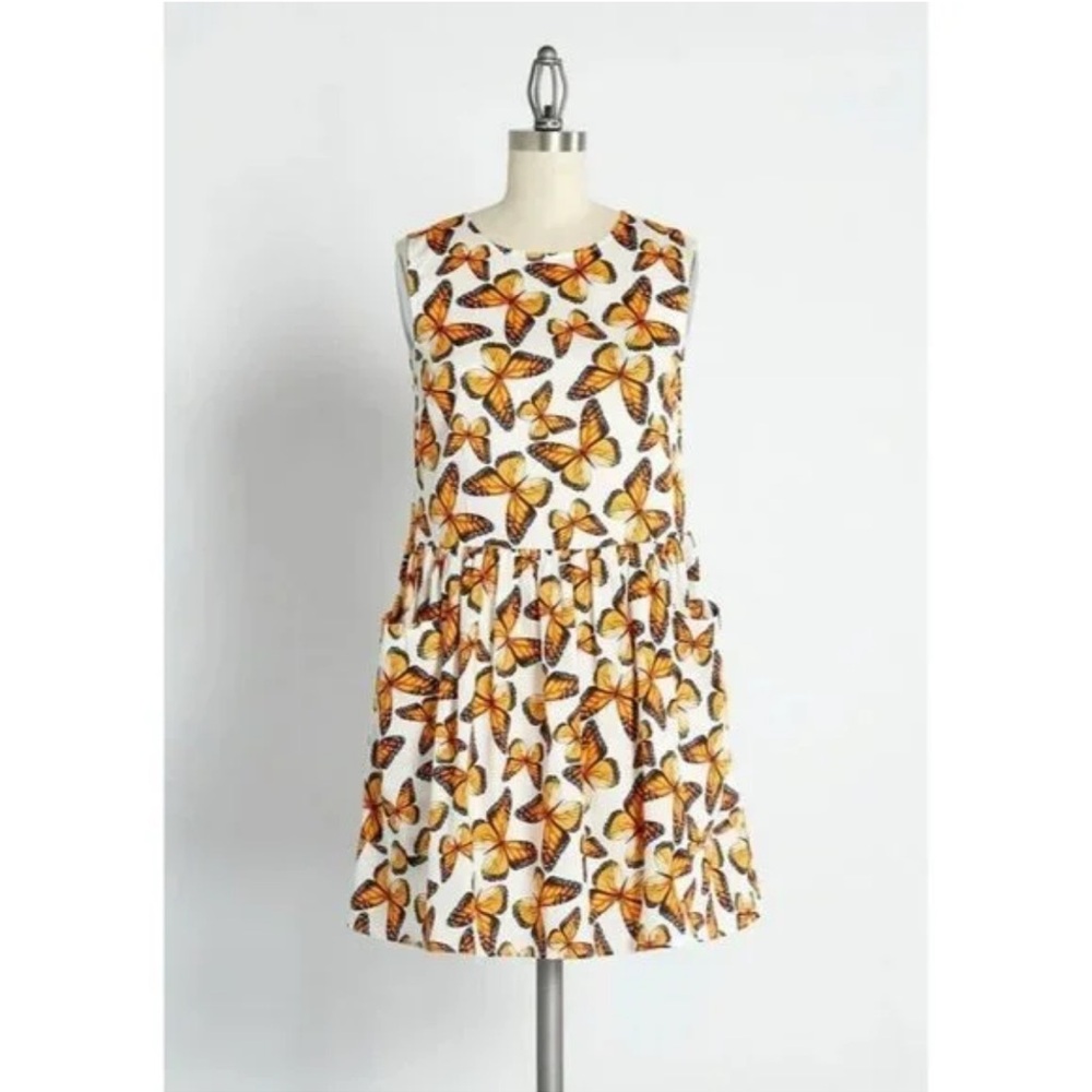 ModCloth White Mini Dress with Orange Butterfly Print
